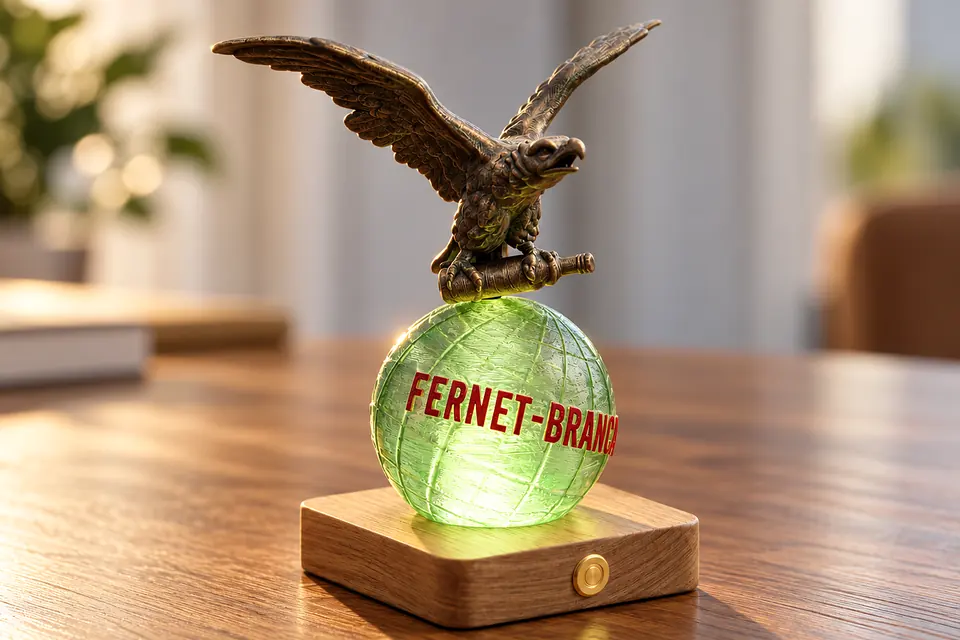 La statuette allumée : l'aigle bronze sur le globe vert olive