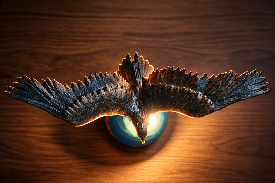 L'aigle vu de dessus, le globe allumé