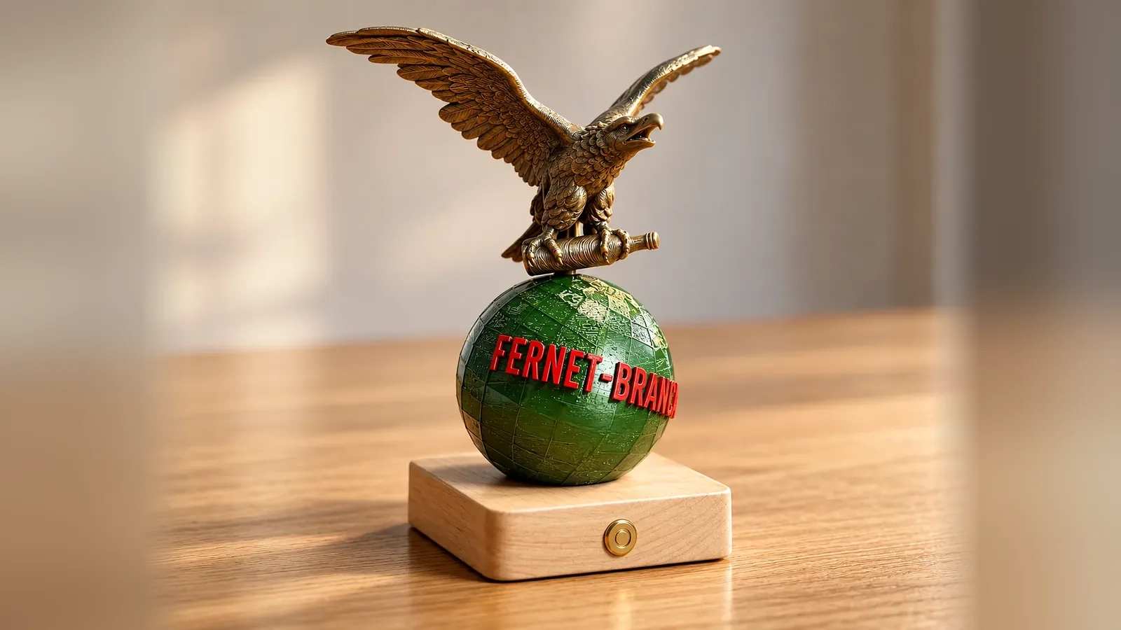 La statuette de l'aigle Fernet-Branca sur son globe et son socle en chêne