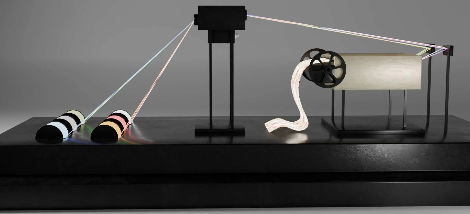 Visualisation 3D de Fil de Lumière : bobines, fils de lumière, boîtier laser et étoffe projetée