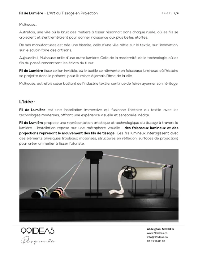 Première page de la présentation Fil de Lumière
