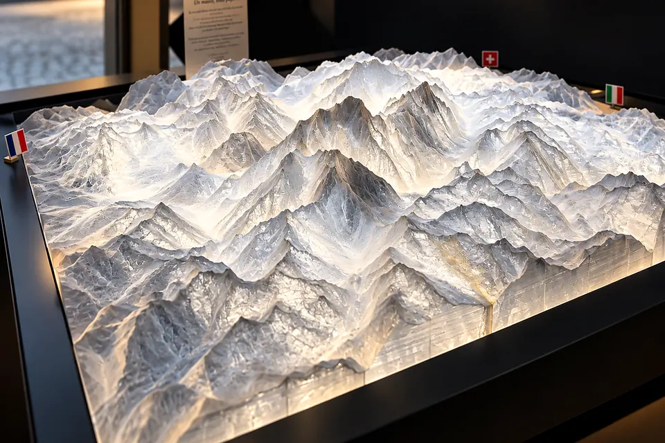 La maquette éclairée de l'intérieur, en situation d'exposition