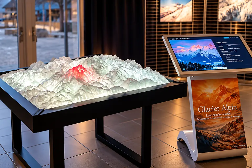 La maquette dans un espace d'exposition sur les Alpes