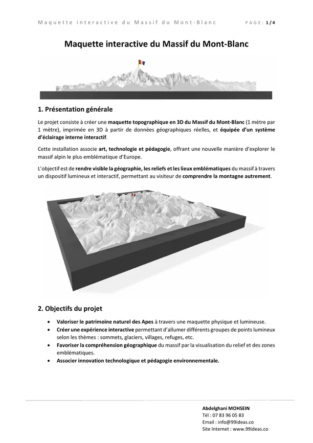 Première page de la présentation de la maquette du Massif du Mont-Blanc