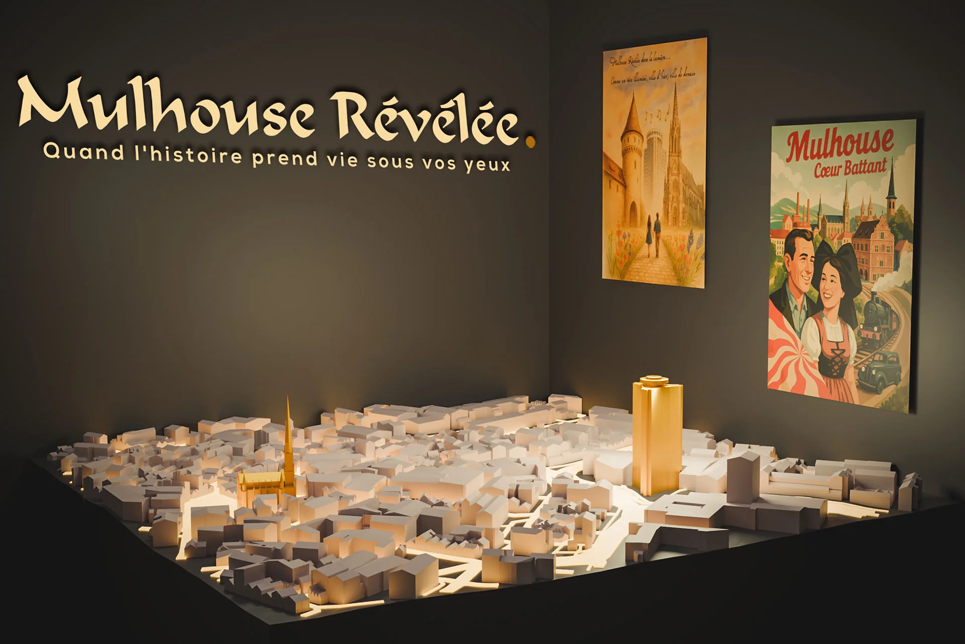 Affiche Mulhouse Révélée : la maquette du centre-ville et deux affiches illustrées