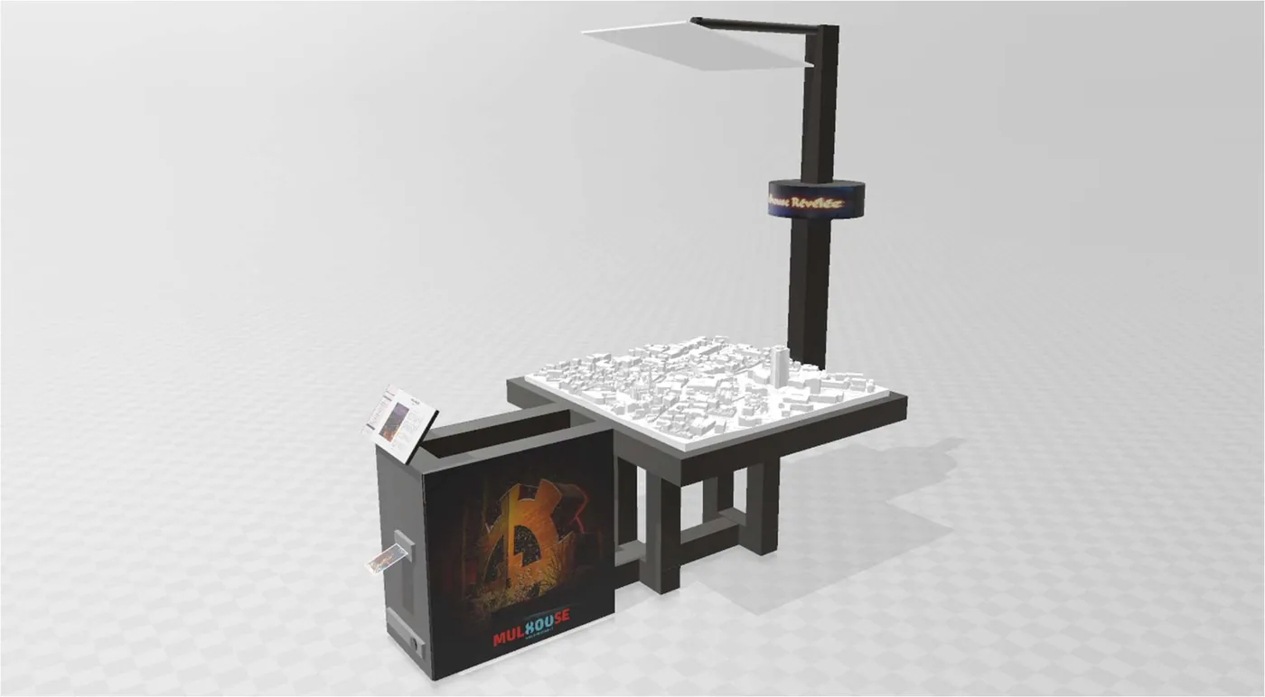 Vue 3D de l'installation : maquette, mât de projection et borne
