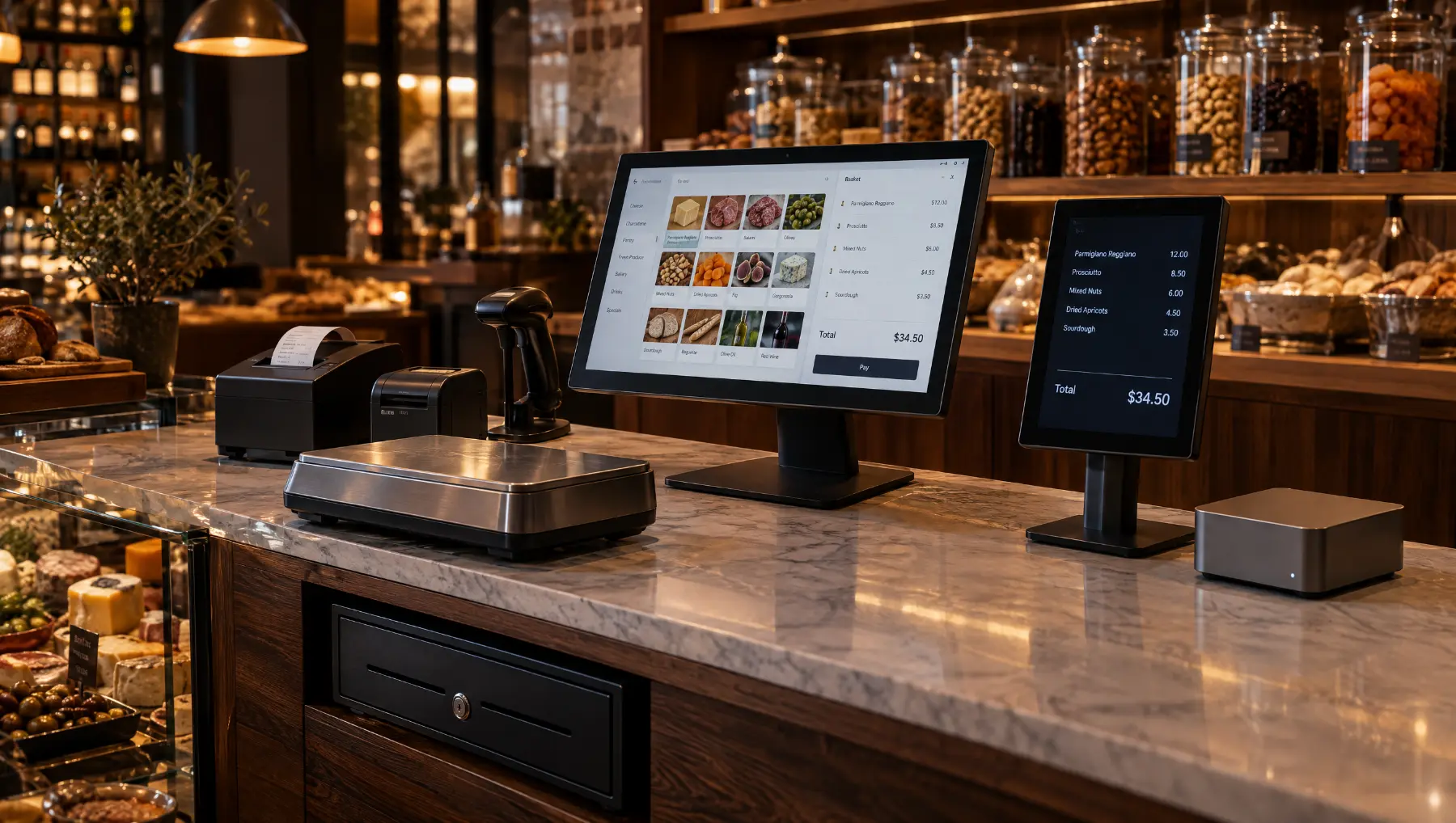 Kit de caisse complet installé sur un comptoir : écran tactile, écran client, balance, imprimantes, lecteur et tiroir-caisse